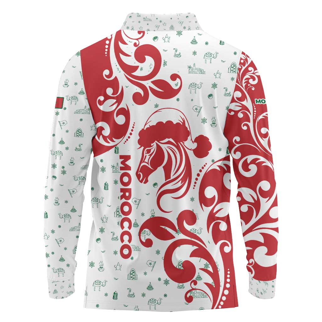 Morocco Christmas Long Sleeve Polo Shirt with Red Horse Santa Hat Arabesque Pattern and Holiday Icons Design - Wonder Print Shop
