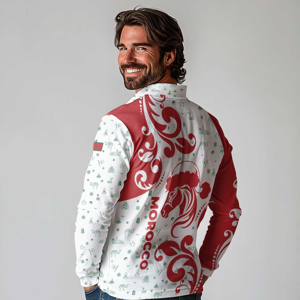 Morocco Christmas Long Sleeve Polo Shirt with Red Horse Santa Hat Arabesque Pattern and Holiday Icons Design - Wonder Print Shop