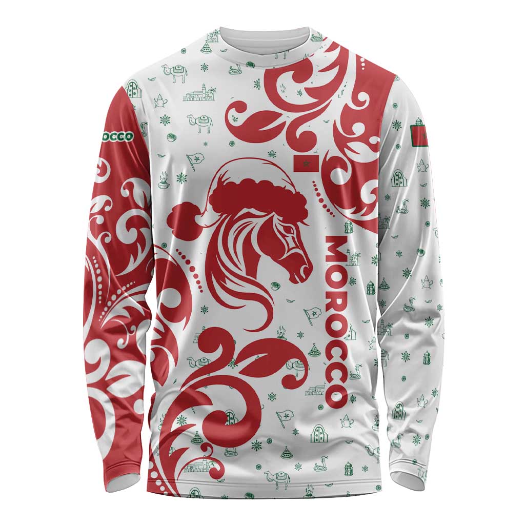 Morocco Christmas Long Sleeve Shirt with Red Horse Santa Hat Arabesque Pattern and Holiday Icons Design - Wonder Print Shop