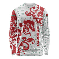 Morocco Christmas Long Sleeve Shirt with Red Horse Santa Hat Arabesque Pattern and Holiday Icons Design - Wonder Print Shop