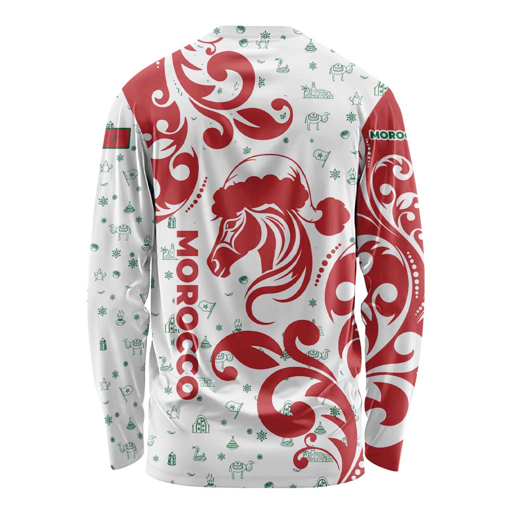 Morocco Christmas Long Sleeve Shirt with Red Horse Santa Hat Arabesque Pattern and Holiday Icons Design - Wonder Print Shop