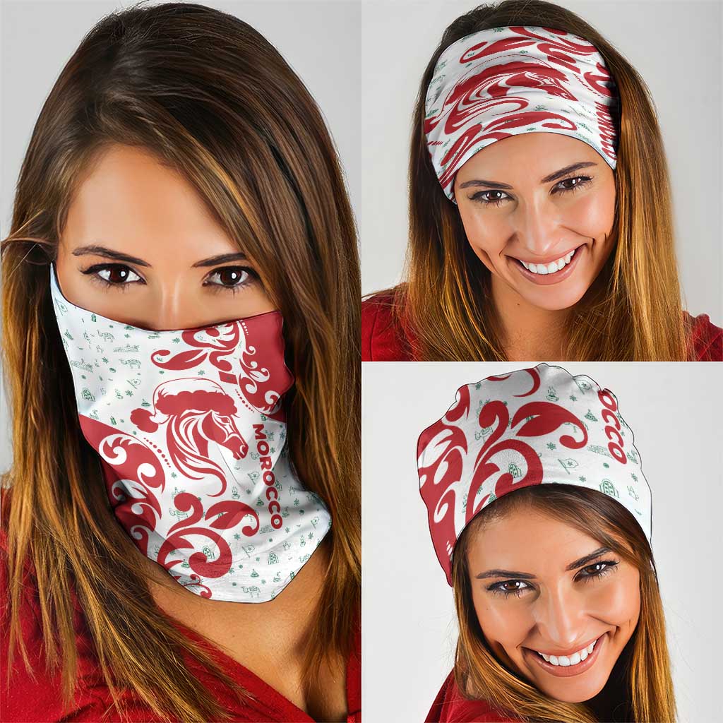 Morocco Christmas Neck Gaiter with Red Horse Santa Hat Arabesque Pattern and Holiday Icons Design - Wonder Print Shop