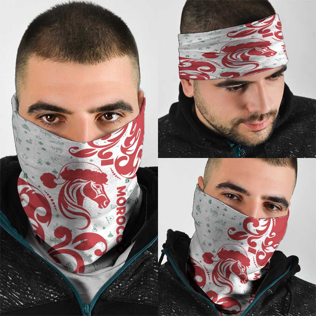 Morocco Christmas Neck Gaiter with Red Horse Santa Hat Arabesque Pattern and Holiday Icons Design - Wonder Print Shop