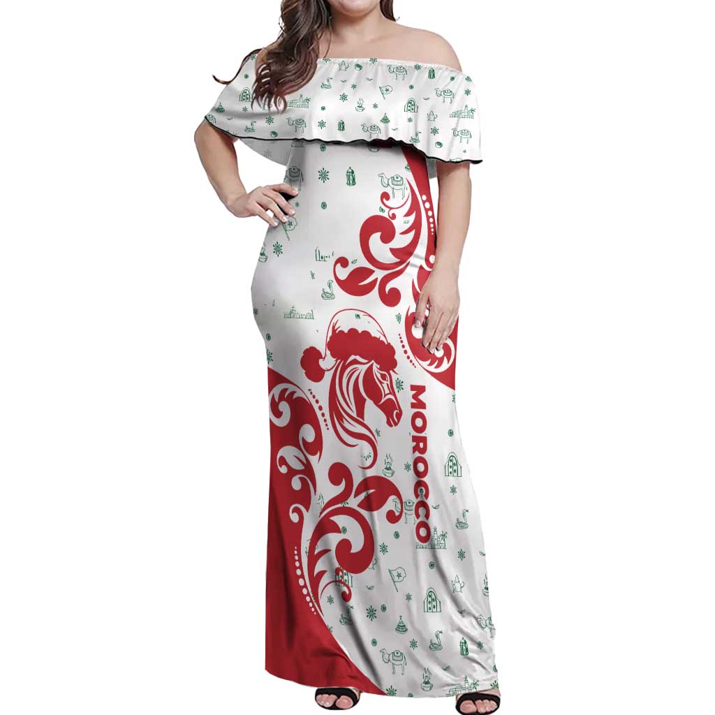 Morocco Christmas Off Shoulder Maxi Dress with Red Horse Santa Hat Arabesque Pattern and Holiday Icons Design - Wonder Print Shop