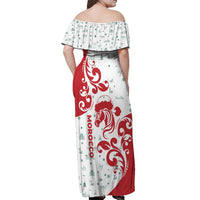 Morocco Christmas Off Shoulder Maxi Dress with Red Horse Santa Hat Arabesque Pattern and Holiday Icons Design - Wonder Print Shop
