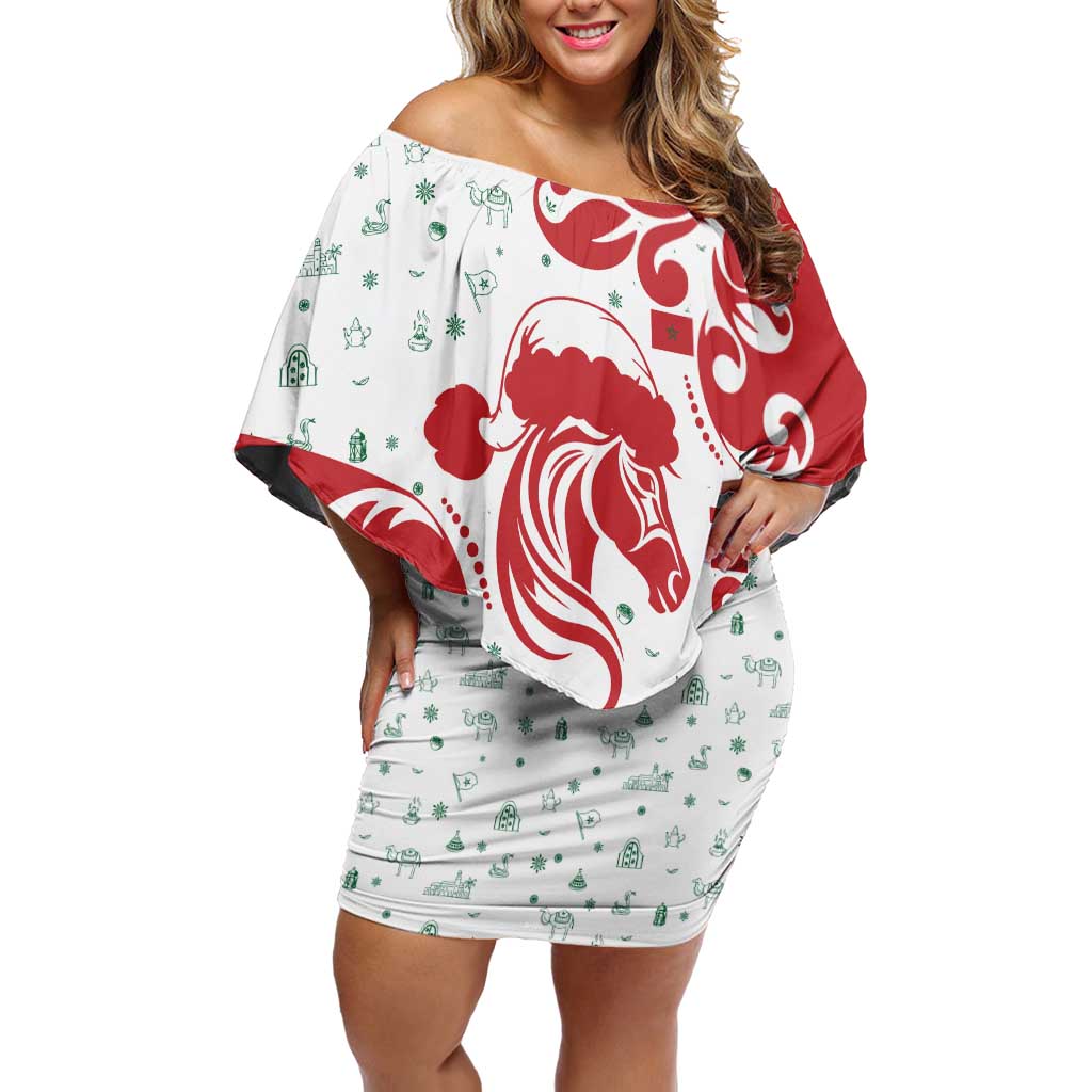 Morocco Christmas Off Shoulder Short Dress with Red Horse Santa Hat Arabesque Pattern and Holiday Icons Design - Wonder Print Shop