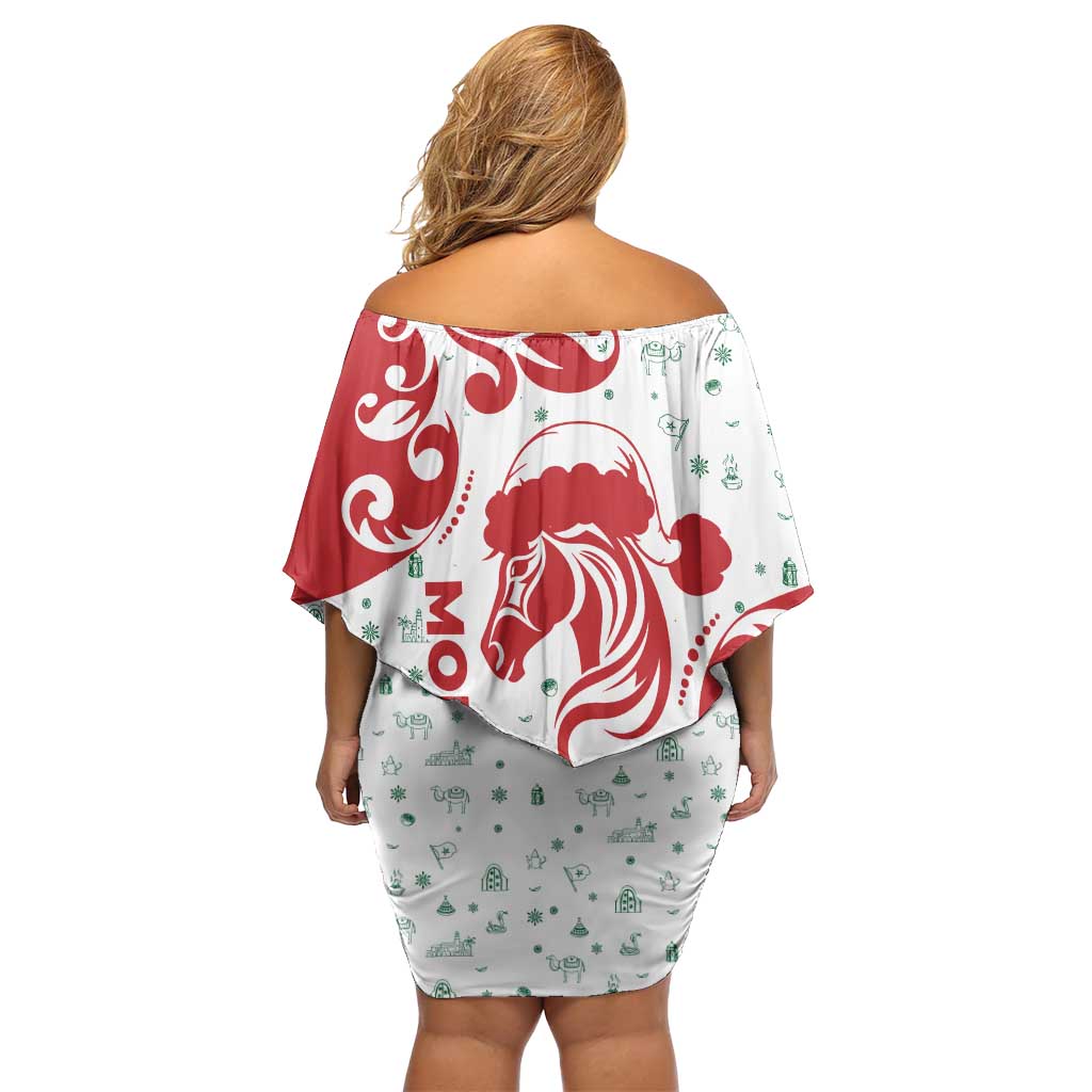 Morocco Christmas Off Shoulder Short Dress with Red Horse Santa Hat Arabesque Pattern and Holiday Icons Design - Wonder Print Shop