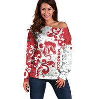 Morocco Christmas Off Shoulder Sweater with Red Horse Santa Hat Arabesque Pattern and Holiday Icons Design - Wonder Print Shop