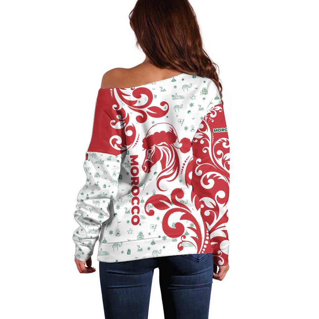 Morocco Christmas Off Shoulder Sweater with Red Horse Santa Hat Arabesque Pattern and Holiday Icons Design - Wonder Print Shop