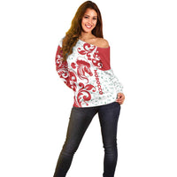 Morocco Christmas Off Shoulder Sweater with Red Horse Santa Hat Arabesque Pattern and Holiday Icons Design - Wonder Print Shop