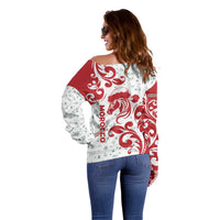 Morocco Christmas Off Shoulder Sweater with Red Horse Santa Hat Arabesque Pattern and Holiday Icons Design - Wonder Print Shop