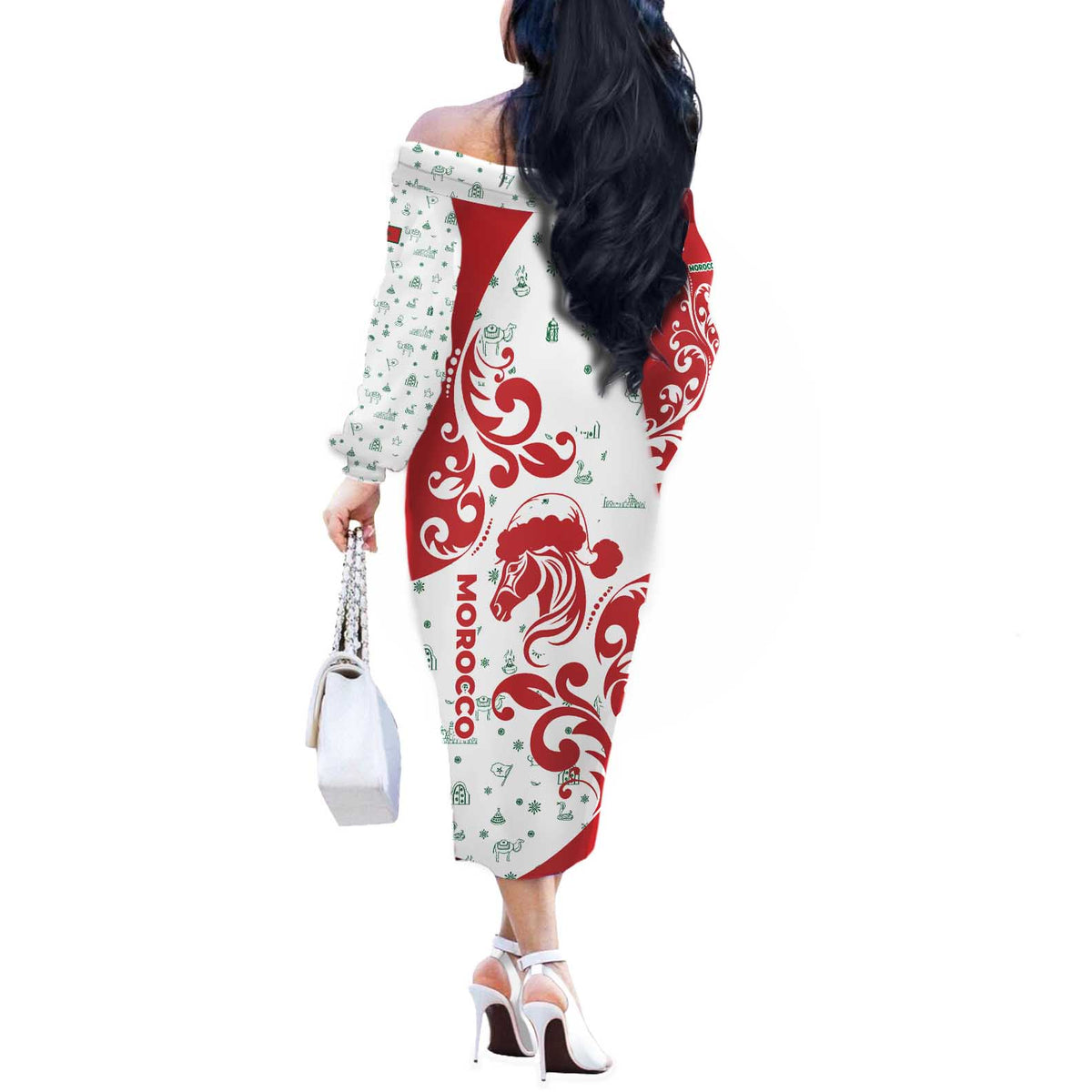 Morocco Christmas Off The Shoulder Long Sleeve Dress with Red Horse Santa Hat Arabesque Pattern and Holiday Icons Design - Wonder Print Shop