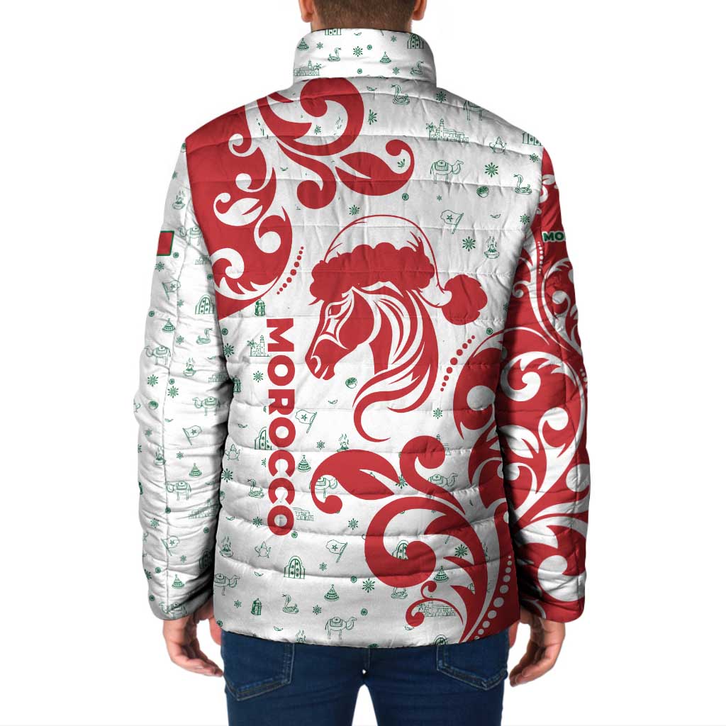 Morocco Christmas Padded Jacket with Red Horse Santa Hat Arabesque Pattern and Holiday Icons Design - Wonder Print Shop