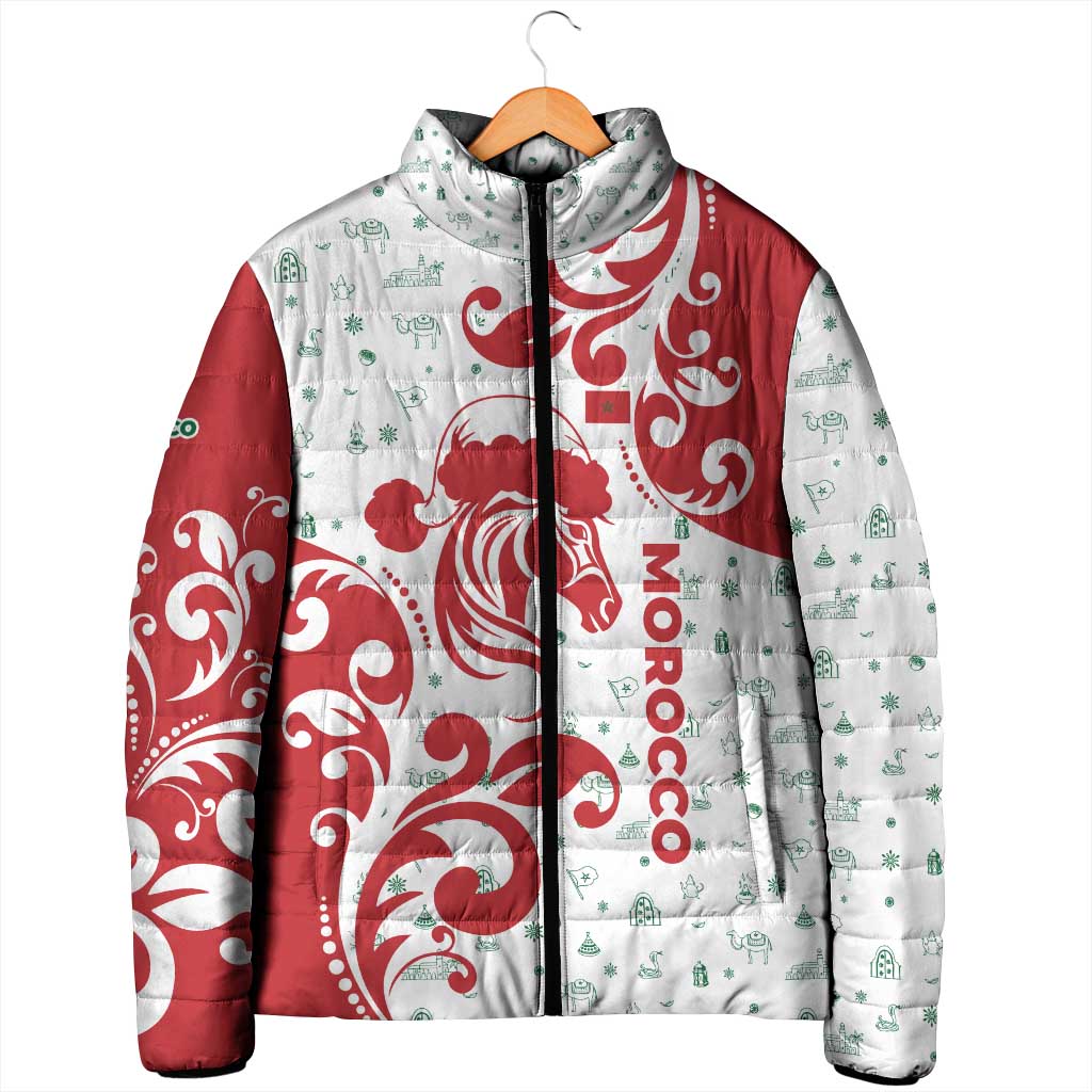 Morocco Christmas Padded Jacket with Red Horse Santa Hat Arabesque Pattern and Holiday Icons Design - Wonder Print Shop