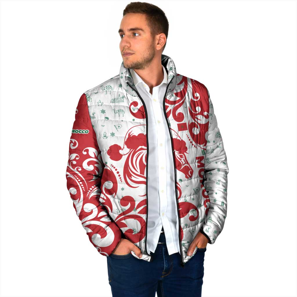 Morocco Christmas Padded Jacket with Red Horse Santa Hat Arabesque Pattern and Holiday Icons Design - Wonder Print Shop