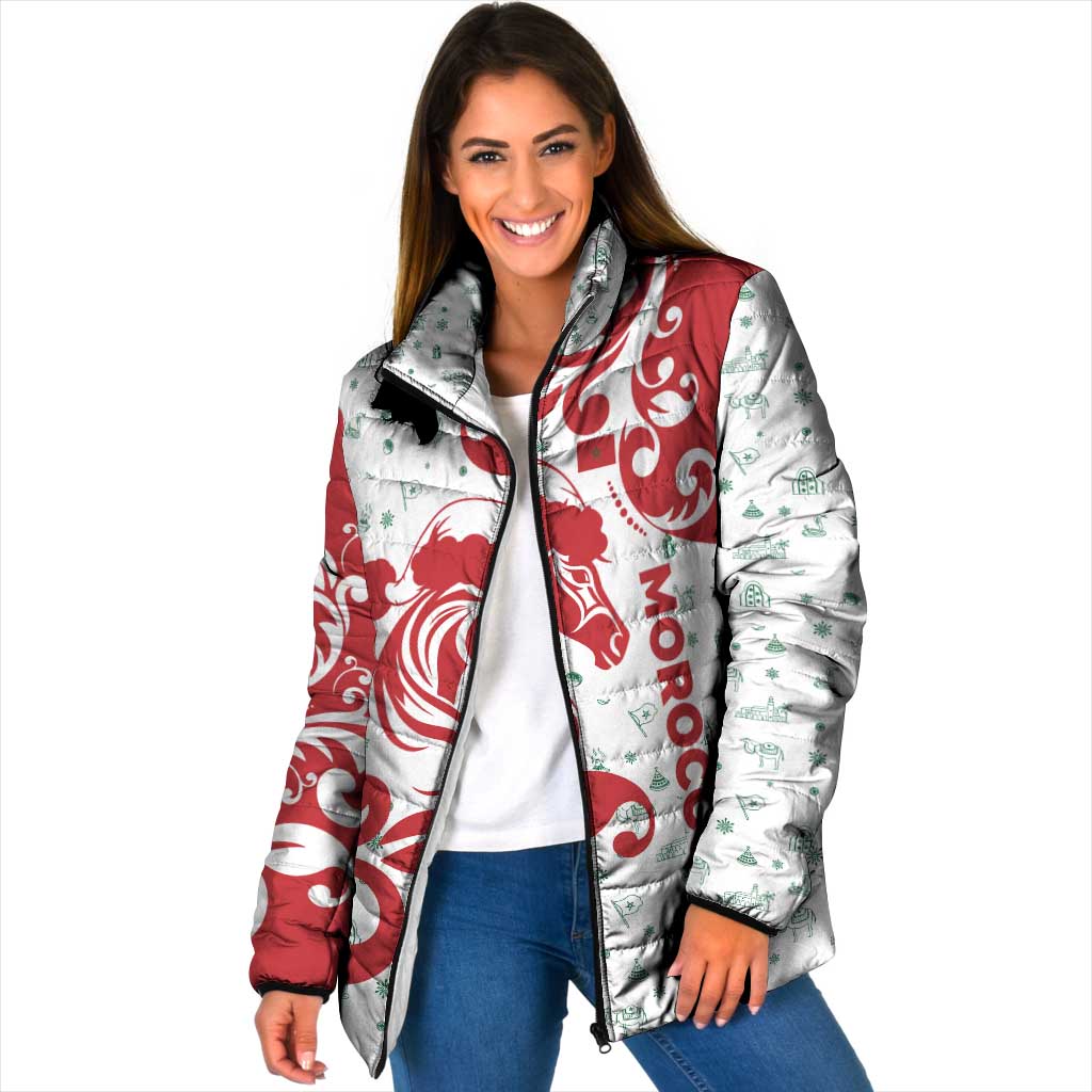 Morocco Christmas Padded Jacket with Red Horse Santa Hat Arabesque Pattern and Holiday Icons Design - Wonder Print Shop