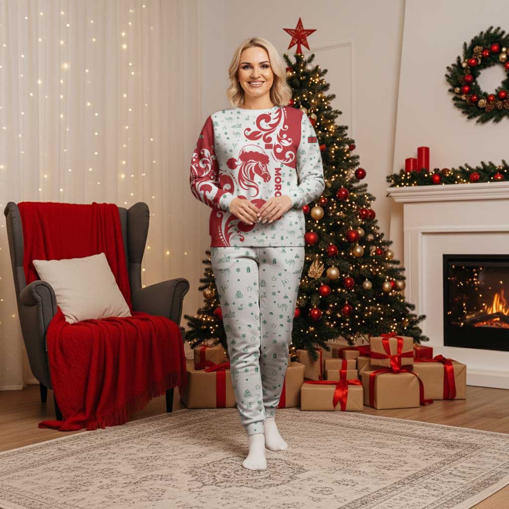 Morocco Christmas Pajama Set with Red Horse Santa Hat Arabesque Pattern and Holiday Icons Design - Wonder Print Shop