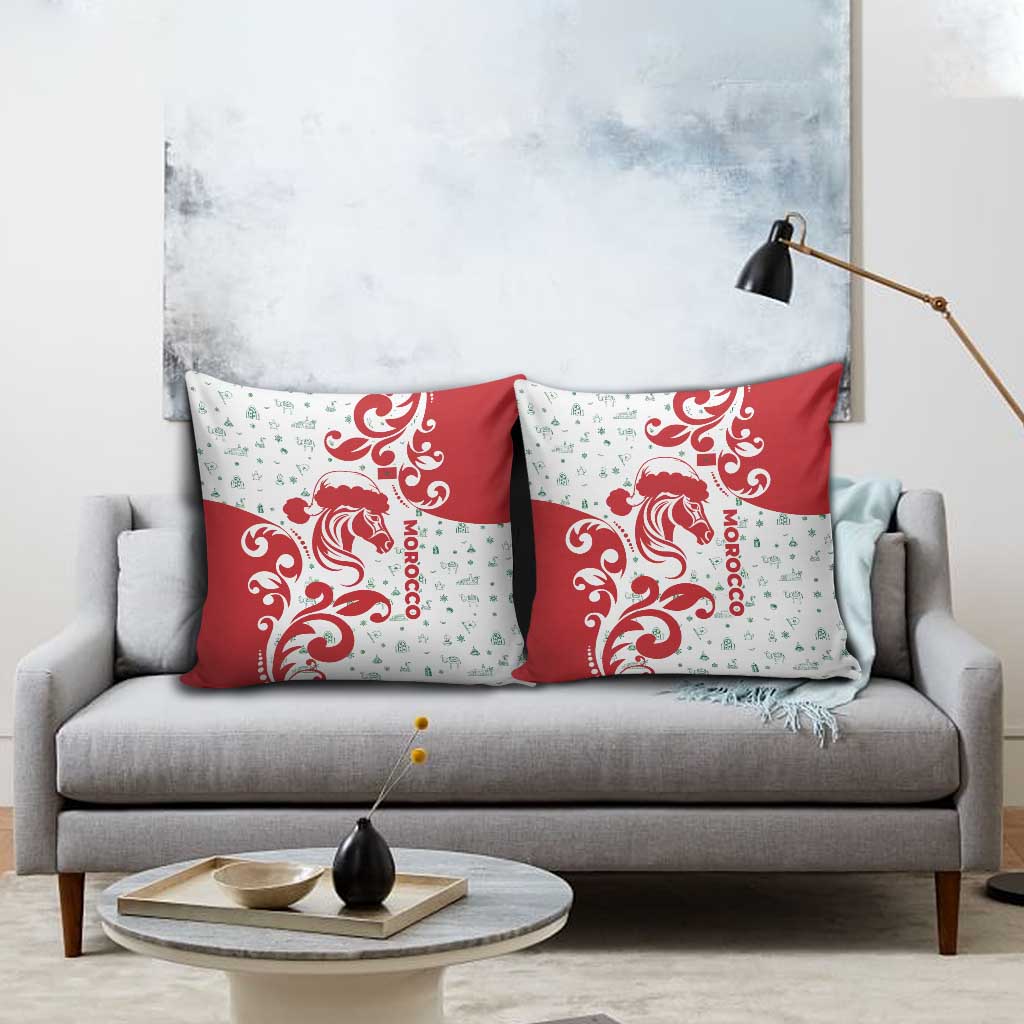 Morocco Christmas Pillow Cover with Red Horse Santa Hat Arabesque Pattern and Holiday Icons Design - Wonder Print Shop