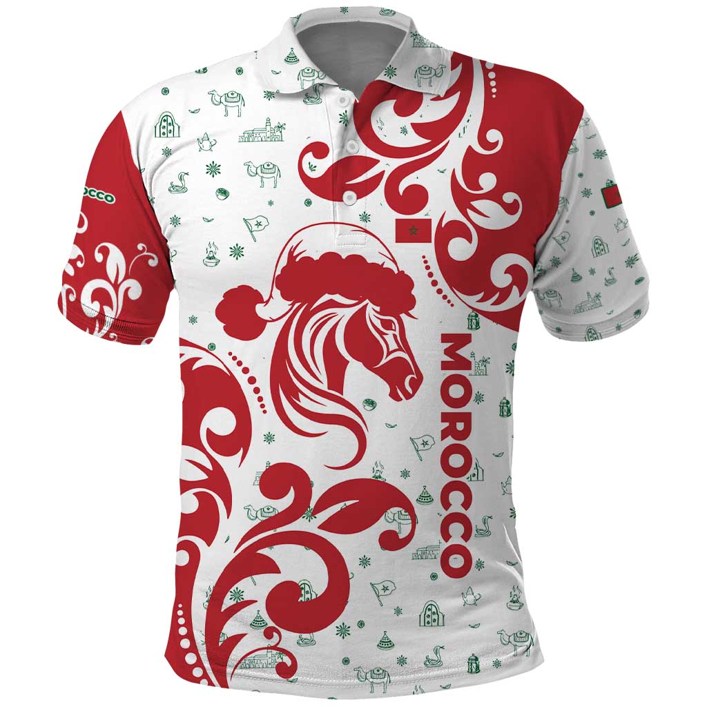 Morocco Christmas Polo Shirt with Red Horse Santa Hat Arabesque Pattern and Holiday Icons Design - Wonder Print Shop
