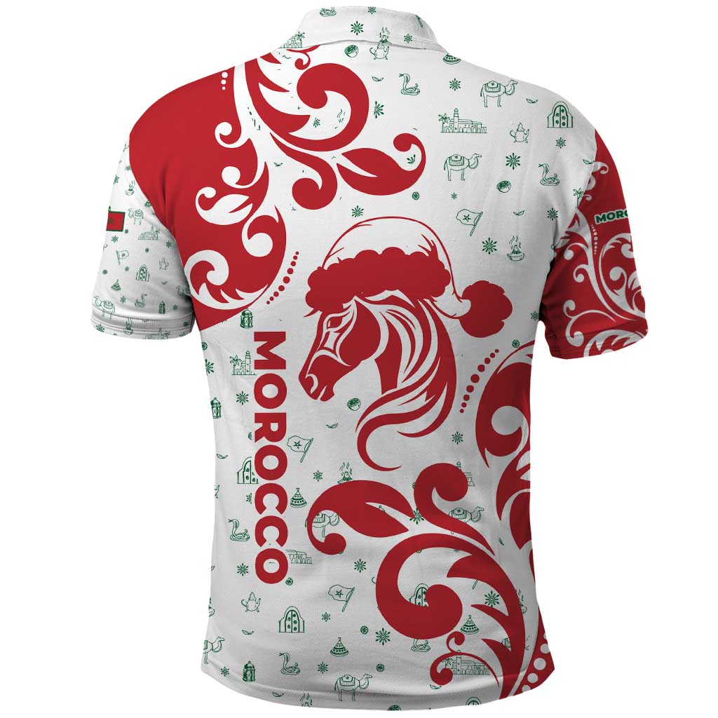 Morocco Christmas Polo Shirt with Red Horse Santa Hat Arabesque Pattern and Holiday Icons Design - Wonder Print Shop