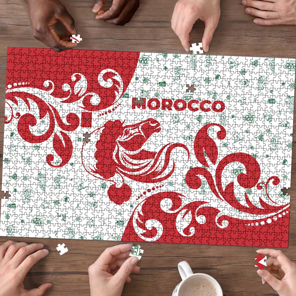 Morocco Christmas Puzzle with Red Horse Santa Hat Arabesque Pattern and Holiday Icons Design - Wonder Print Shop