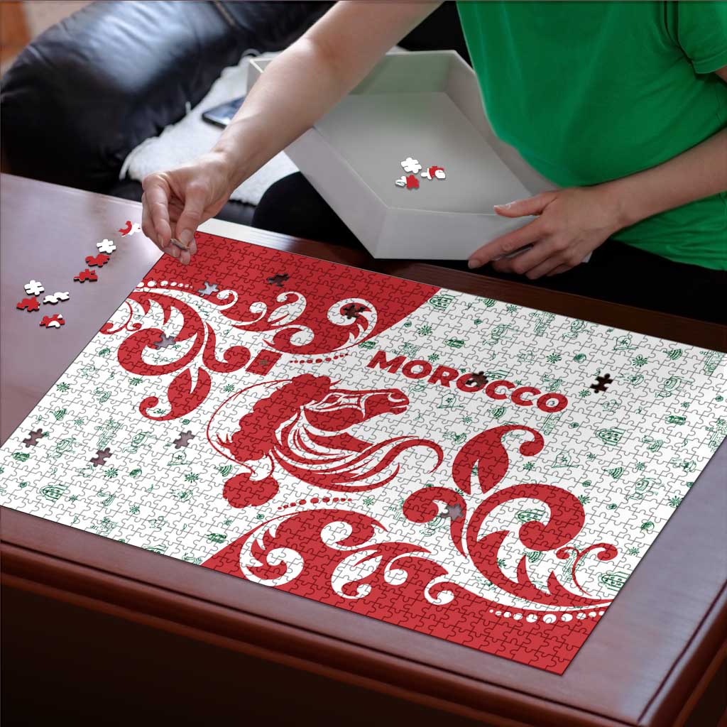 Morocco Christmas Puzzle with Red Horse Santa Hat Arabesque Pattern and Holiday Icons Design - Wonder Print Shop