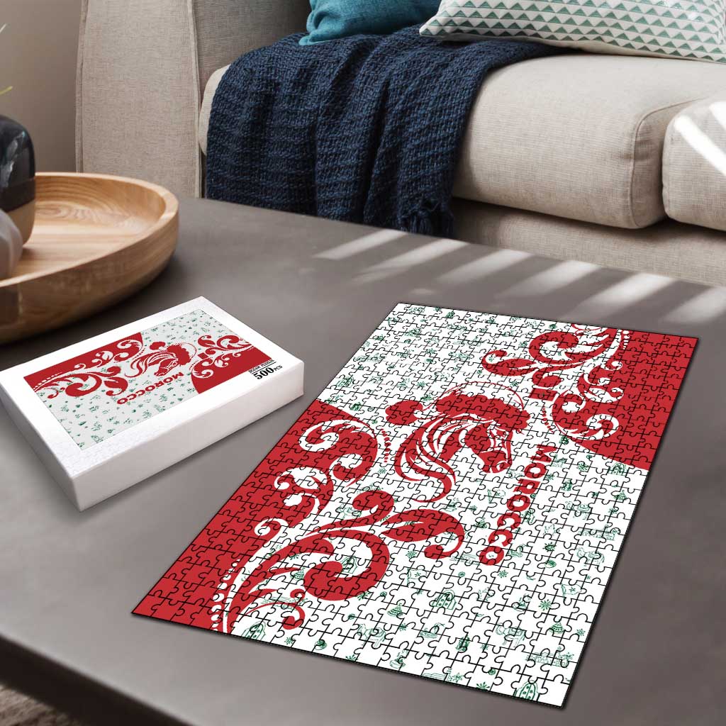 Morocco Christmas Puzzle with Red Horse Santa Hat Arabesque Pattern and Holiday Icons Design - Wonder Print Shop