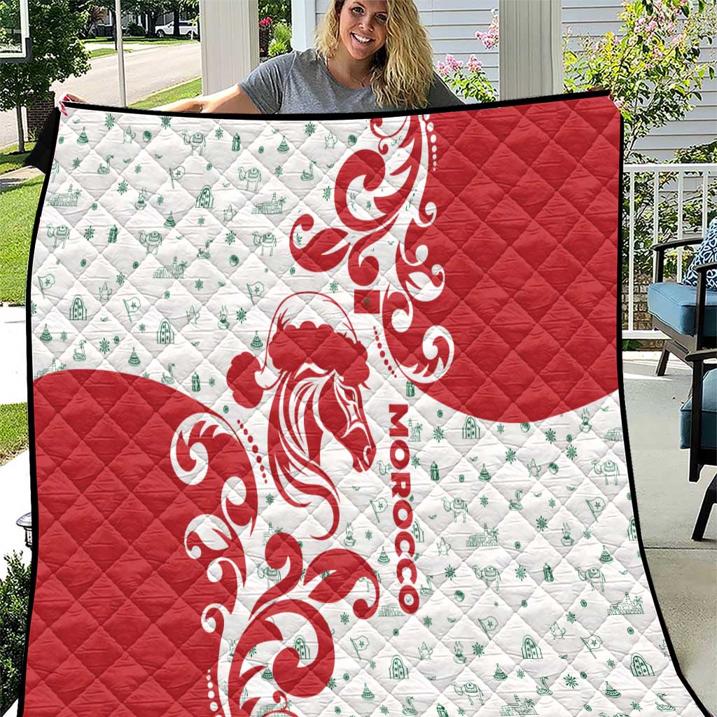 Morocco Christmas Quilt with Red Horse Santa Hat Arabesque Pattern and Holiday Icons Design - Wonder Print Shop