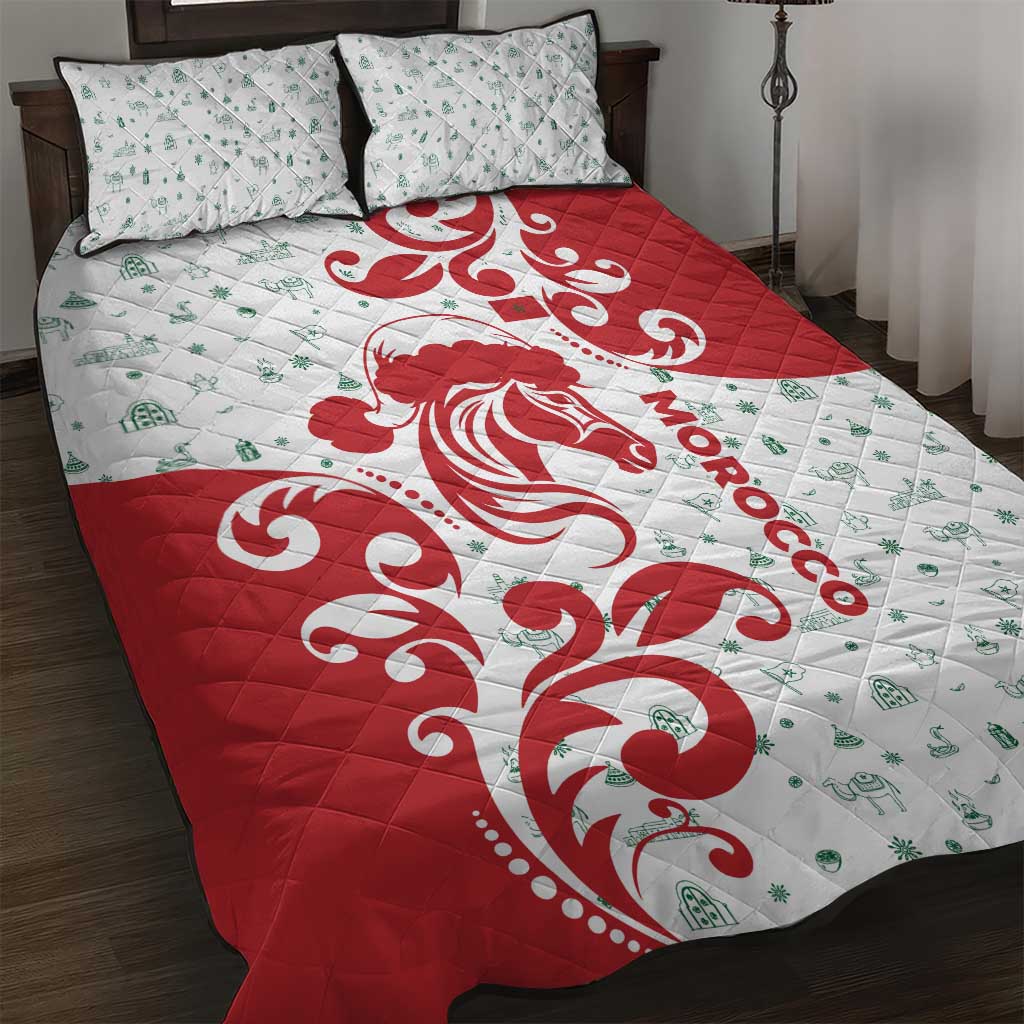 Morocco Christmas Quilt Bed Set with Red Horse Santa Hat Arabesque Pattern and Holiday Icons Design - Wonder Print Shop