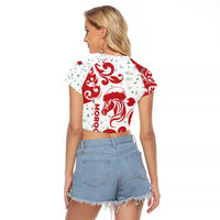Morocco Christmas Raglan Cropped T Shirt with Red Horse Santa Hat Arabesque Pattern and Holiday Icons Design - Wonder Print Shop