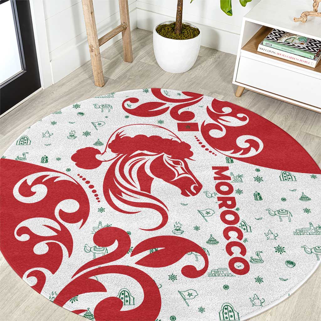 Morocco Christmas Round Carpet with Red Horse Santa Hat Arabesque Pattern and Holiday Icons Design - Wonder Print Shop