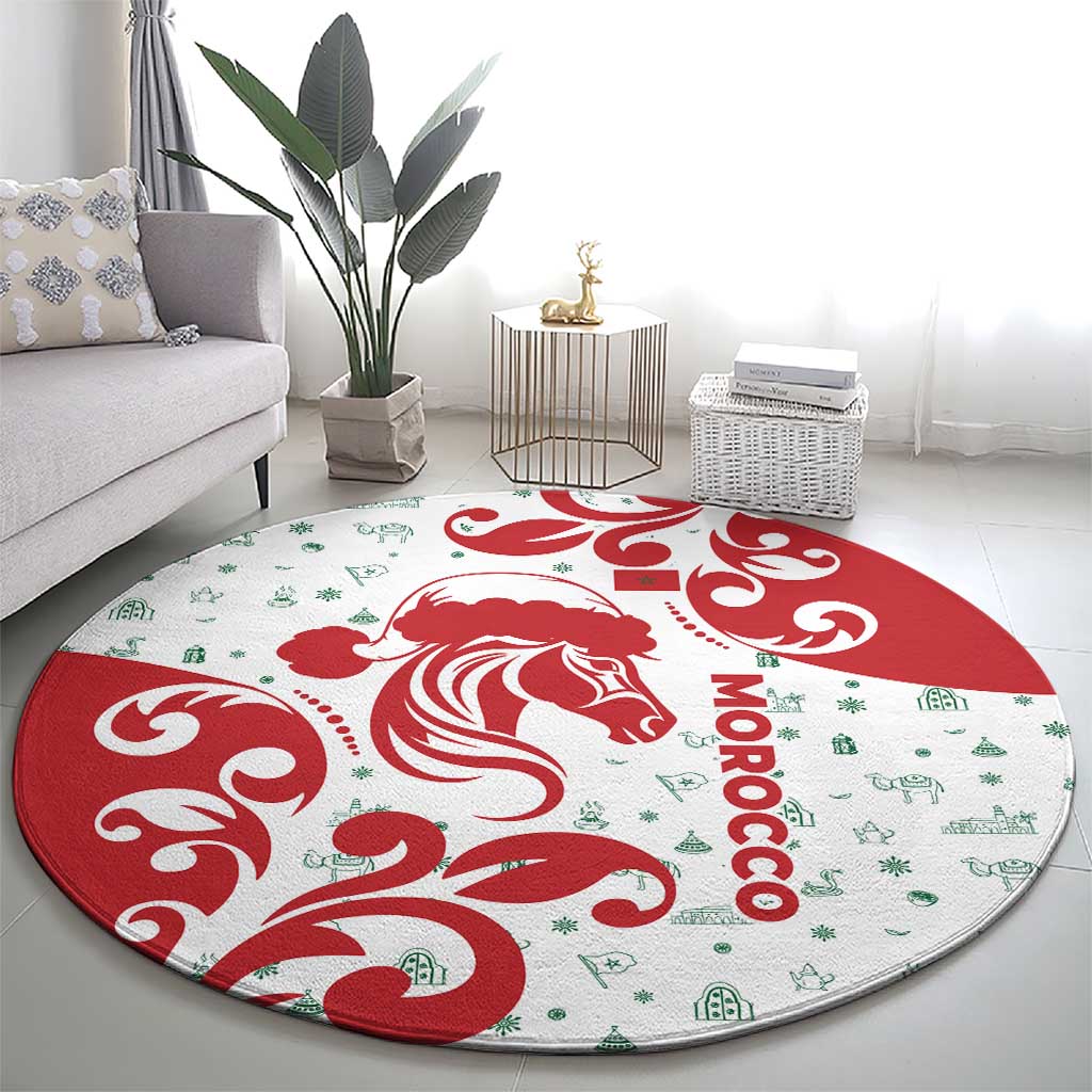 Morocco Christmas Round Carpet with Red Horse Santa Hat Arabesque Pattern and Holiday Icons Design - Wonder Print Shop