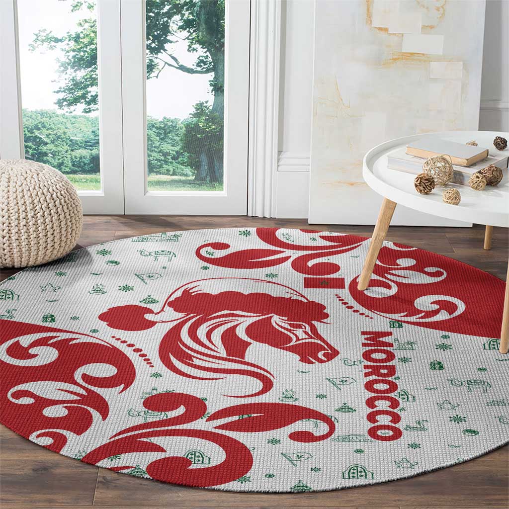 Morocco Christmas Round Carpet with Red Horse Santa Hat Arabesque Pattern and Holiday Icons Design - Wonder Print Shop