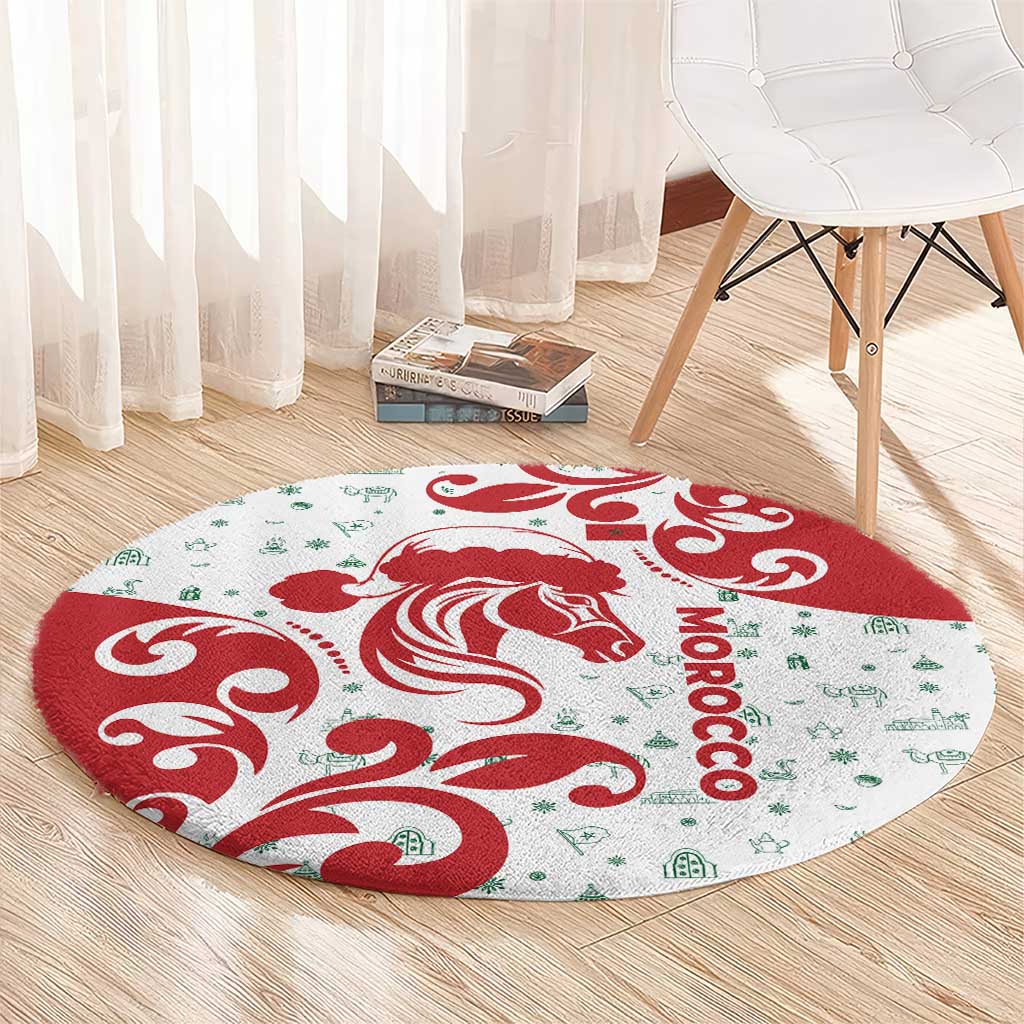 Morocco Christmas Round Carpet with Red Horse Santa Hat Arabesque Pattern and Holiday Icons Design - Wonder Print Shop