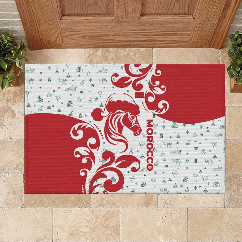 Morocco Christmas Rubber Doormat with Red Horse Santa Hat Arabesque Pattern and Holiday Icons Design - Wonder Print Shop