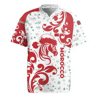 Morocco Christmas Rugby Jersey with Red Horse Santa Hat Arabesque Pattern and Holiday Icons Design - Wonder Print Shop