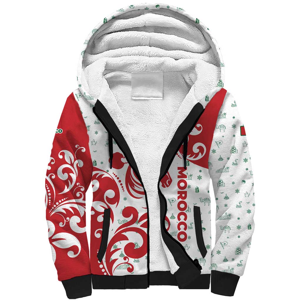 Morocco Christmas Sherpa Hoodie with Red Horse Santa Hat Arabesque Pattern and Holiday Icons Design - Wonder Print Shop