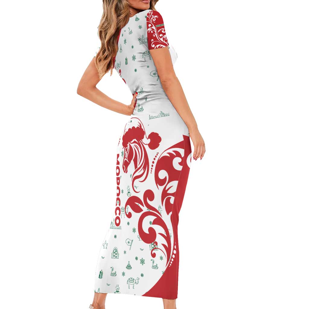 Morocco Christmas Short Sleeve Bodycon Dress with Red Horse Santa Hat Arabesque Pattern and Holiday Icons Design - Wonder Print Shop