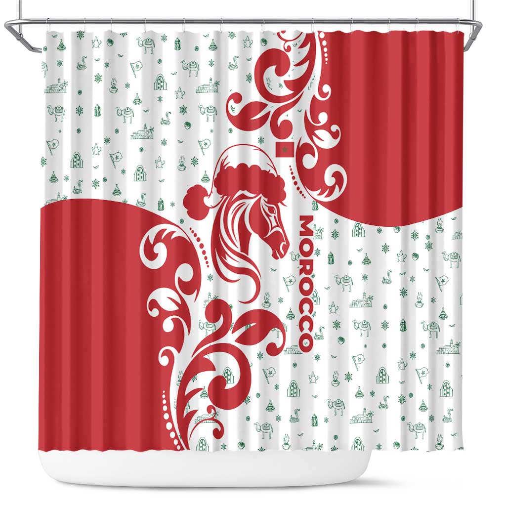 Morocco Christmas Shower Curtain with Red Horse Santa Hat Arabesque Pattern and Holiday Icons Design - Wonder Print Shop