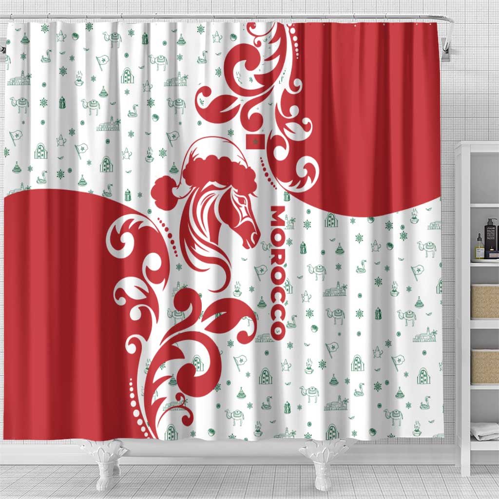 Morocco Christmas Shower Curtain with Red Horse Santa Hat Arabesque Pattern and Holiday Icons Design - Wonder Print Shop