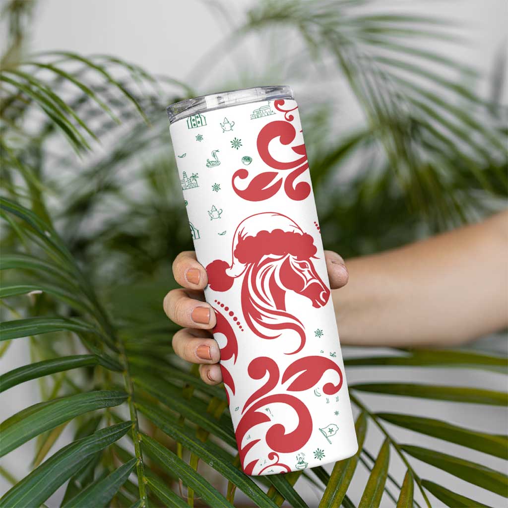 Morocco Christmas Skinny Tumbler with Red Horse Santa Hat Arabesque Pattern and Holiday Icons Design - Wonder Print Shop
