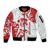Morocco Christmas Sleeve Zip Bomber Jacket with Red Horse Santa Hat Arabesque Pattern and Holiday Icons Design - Wonder Print Shop