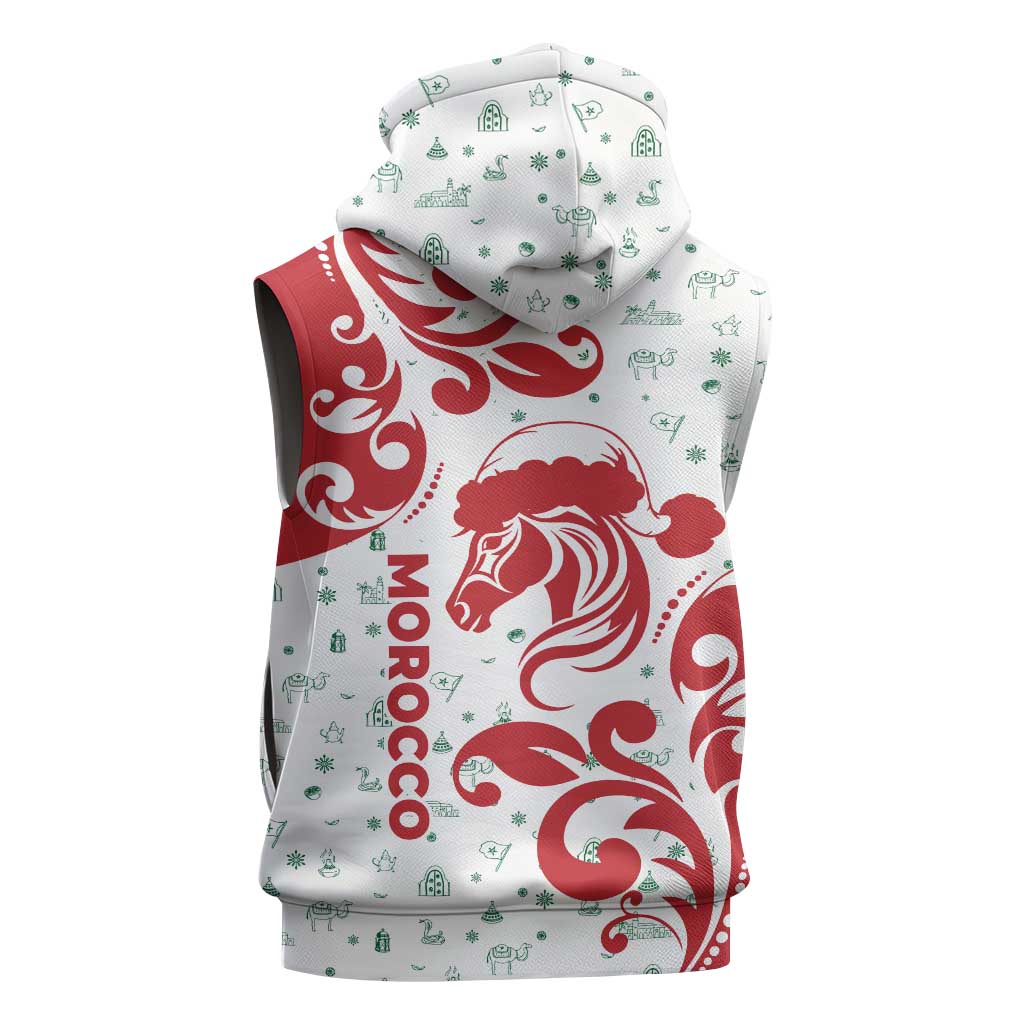Morocco Christmas Sleeveless Hoodie with Red Horse Santa Hat Arabesque Pattern and Holiday Icons Design - Wonder Print Shop