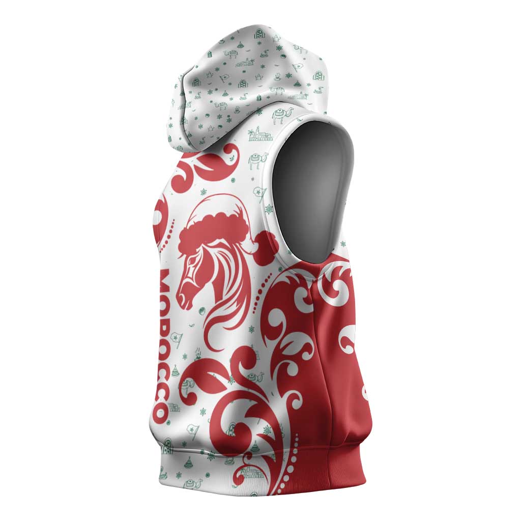 Morocco Christmas Sleeveless Hoodie with Red Horse Santa Hat Arabesque Pattern and Holiday Icons Design - Wonder Print Shop