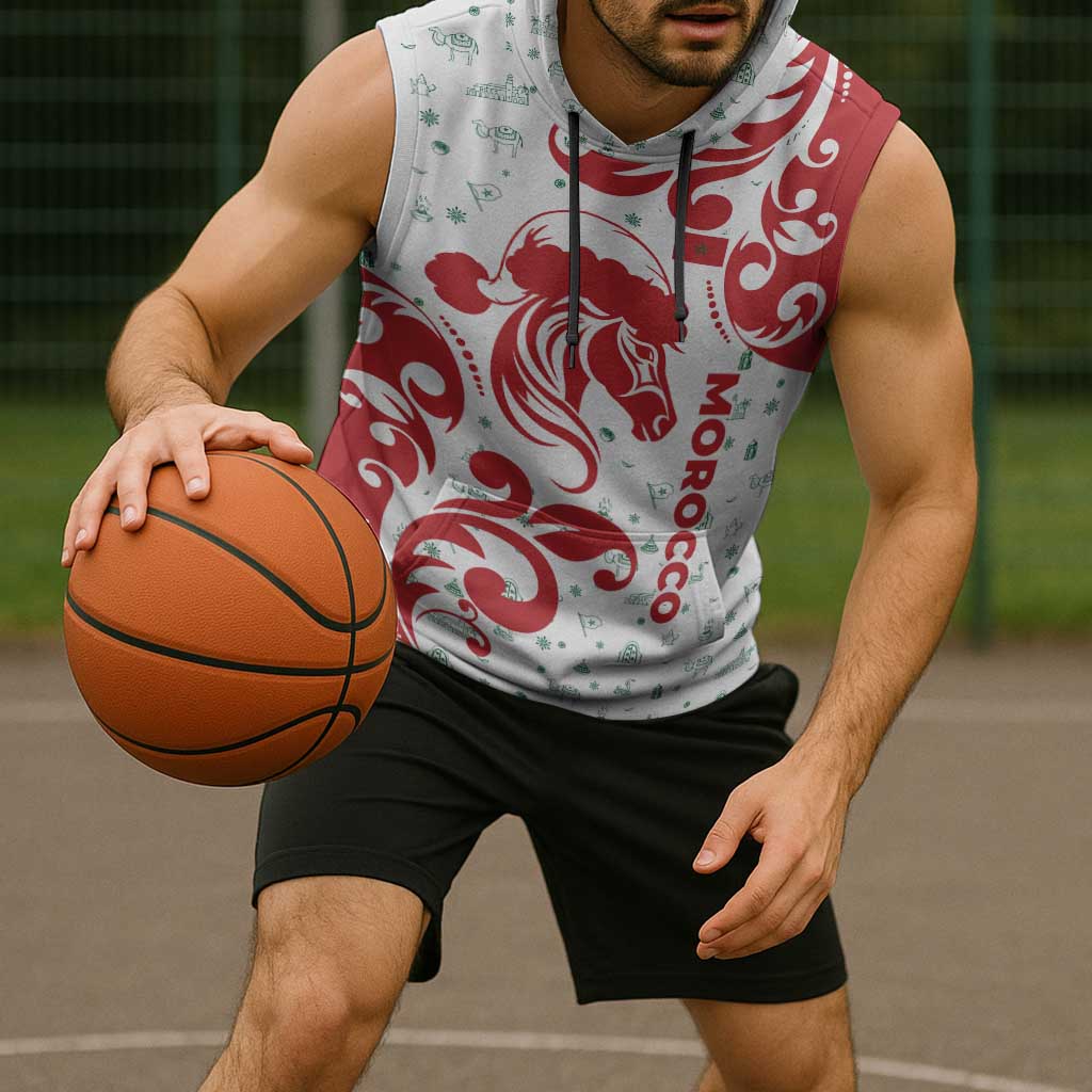 Morocco Christmas Sleeveless Hoodie with Red Horse Santa Hat Arabesque Pattern and Holiday Icons Design - Wonder Print Shop