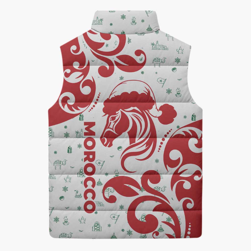 Morocco Christmas Sleeveless Puffer Jacket with Red Horse Santa Hat Arabesque Pattern and Holiday Icons Design - Wonder Print Shop