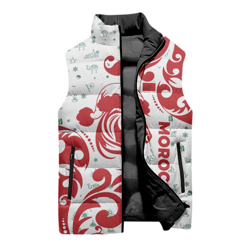 Morocco Christmas Sleeveless Puffer Jacket with Red Horse Santa Hat Arabesque Pattern and Holiday Icons Design - Wonder Print Shop