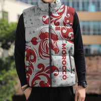 Morocco Christmas Sleeveless Puffer Jacket with Red Horse Santa Hat Arabesque Pattern and Holiday Icons Design - Wonder Print Shop