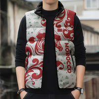 Morocco Christmas Sleeveless Puffer Jacket with Red Horse Santa Hat Arabesque Pattern and Holiday Icons Design - Wonder Print Shop