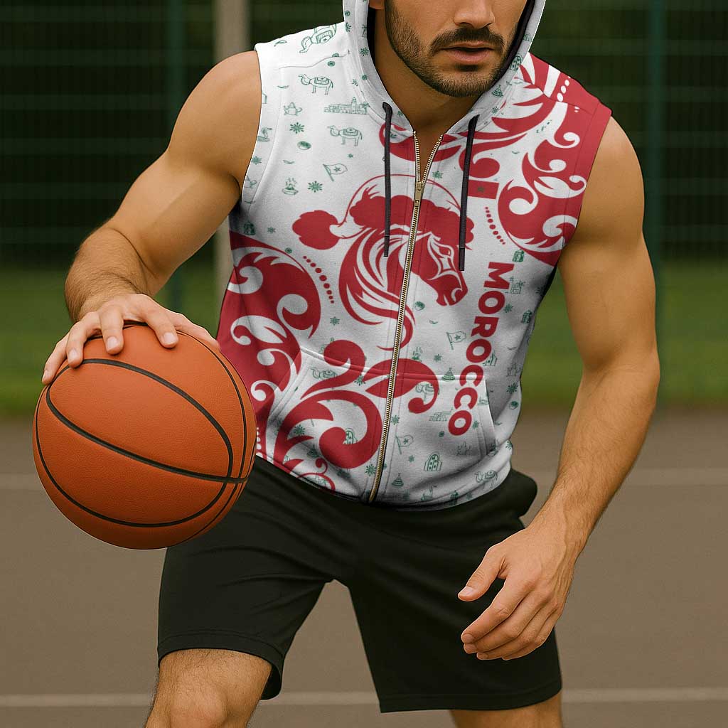 Morocco Christmas Sleeveless Zip Hoodie with Red Horse Santa Hat Arabesque Pattern and Holiday Icons Design - Wonder Print Shop